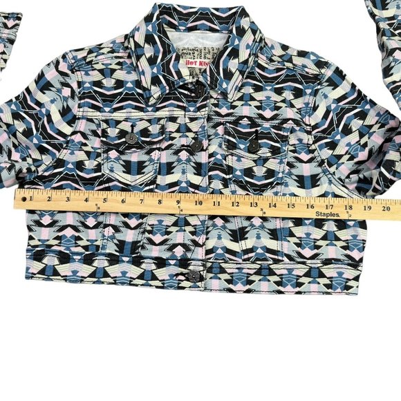 Hot Kiss Crop Top Denim Jacket 80s Retro Pastel Geometric Button Up Womens L - Picture 6 of 12